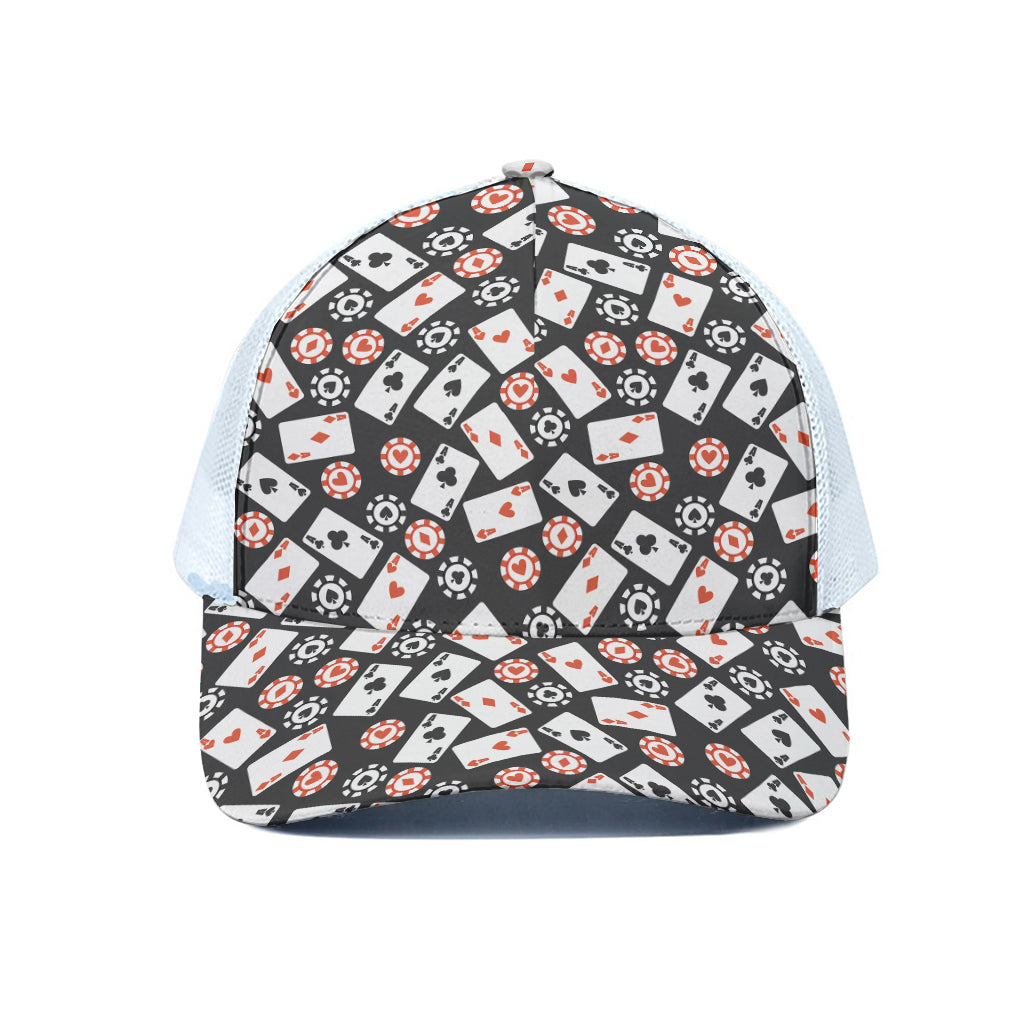 Casino Chip And Card Pattern Print White Mesh Trucker Cap
