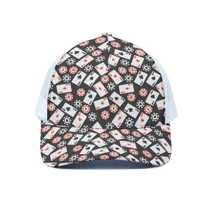 Casino Chip And Card Pattern Print White Mesh Trucker Cap