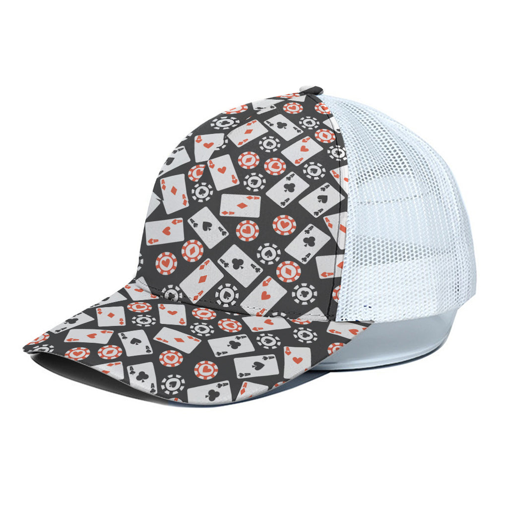 Casino Chip And Card Pattern Print White Mesh Trucker Cap