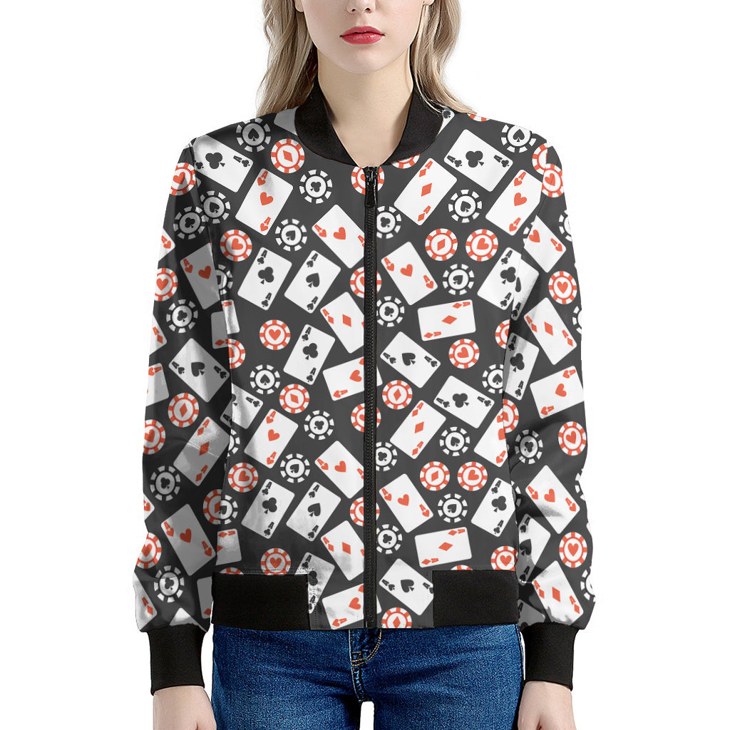 Casino Chip And Card Pattern Print Women's Bomber Jacket