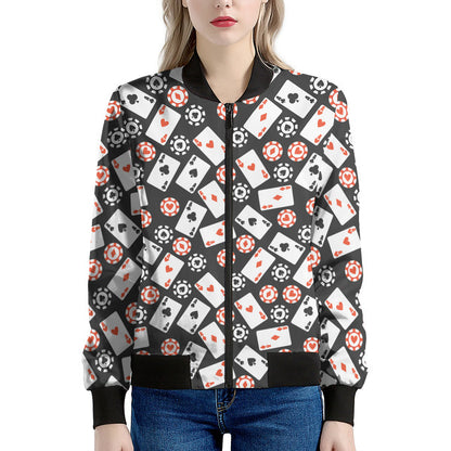 Casino Chip And Card Pattern Print Women's Bomber Jacket