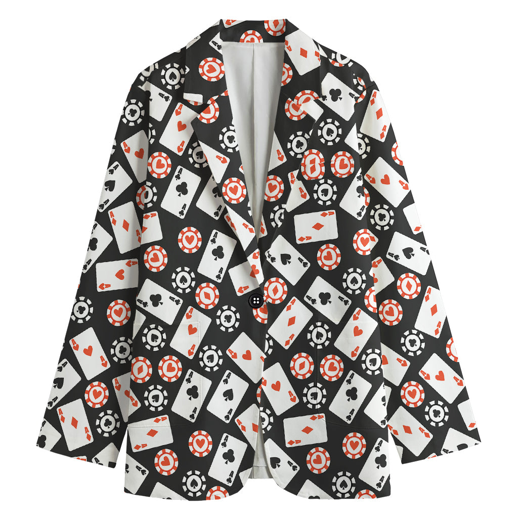 Casino Chip And Card Pattern Print Women's Cotton Blazer