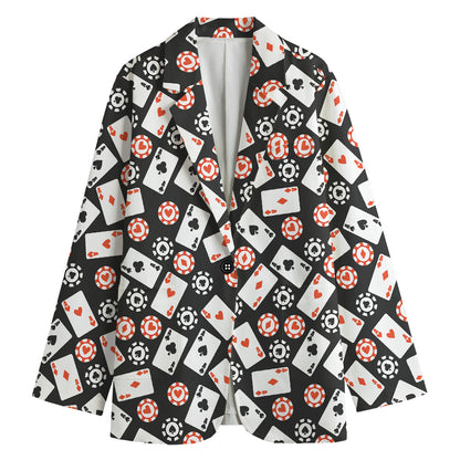 Casino Chip And Card Pattern Print Women's Cotton Blazer