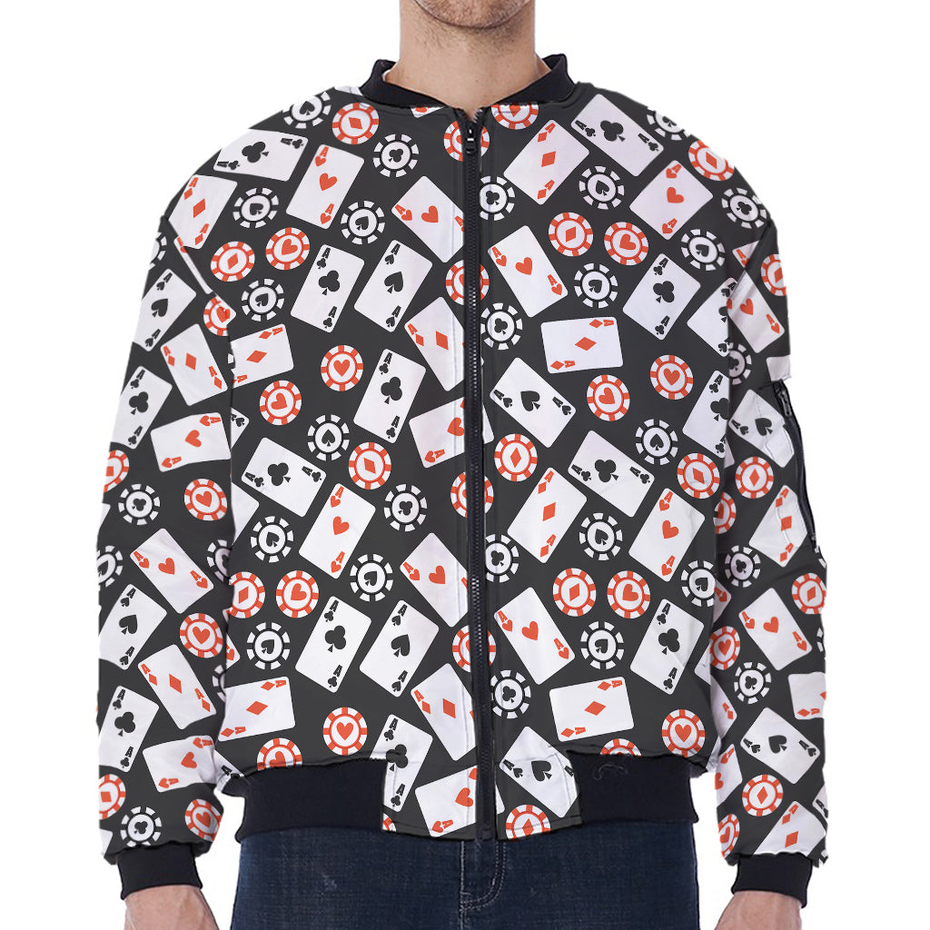 Casino Chip And Card Pattern Print Zip Sleeve Bomber Jacket