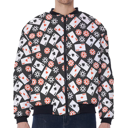 Casino Chip And Card Pattern Print Zip Sleeve Bomber Jacket