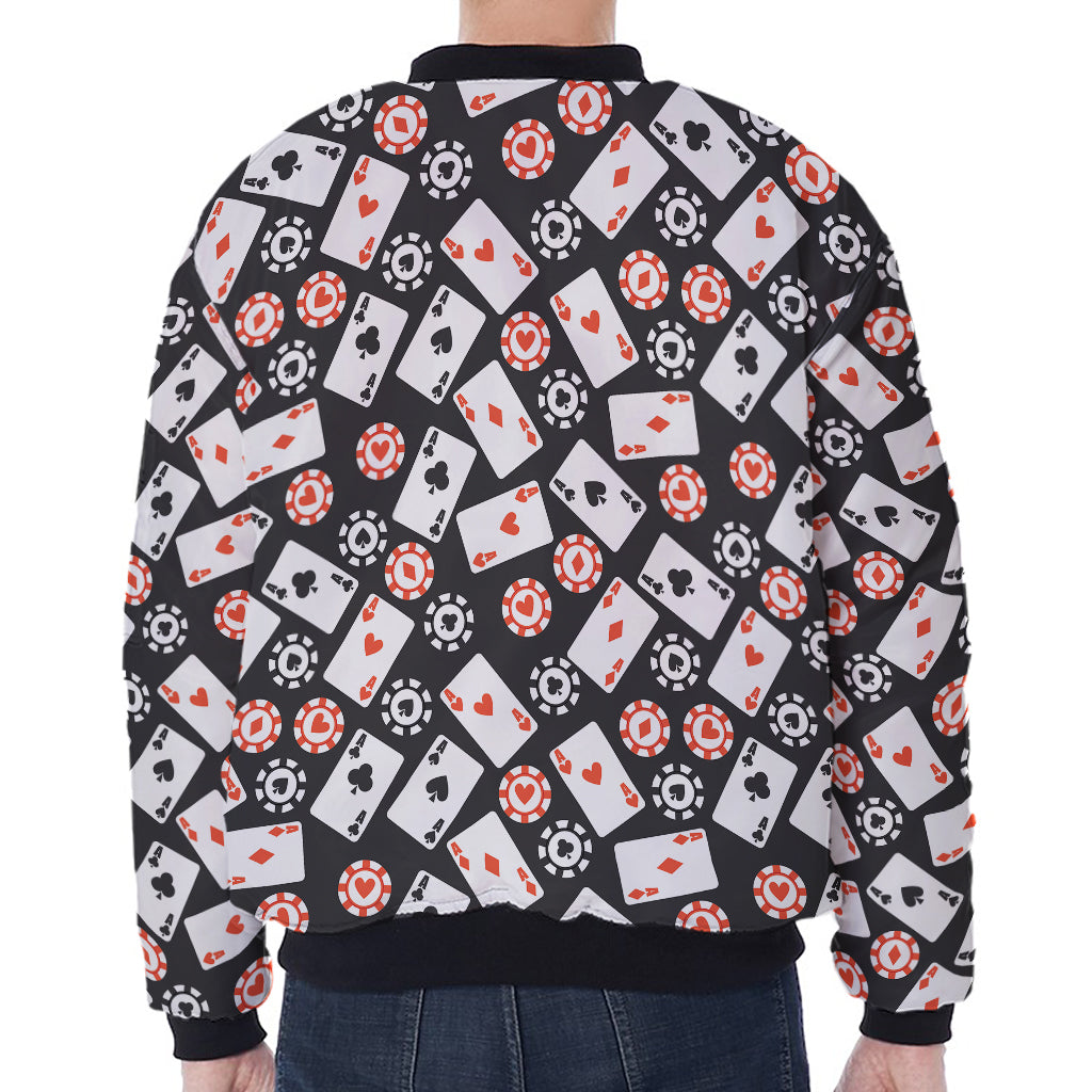 Casino Chip And Card Pattern Print Zip Sleeve Bomber Jacket