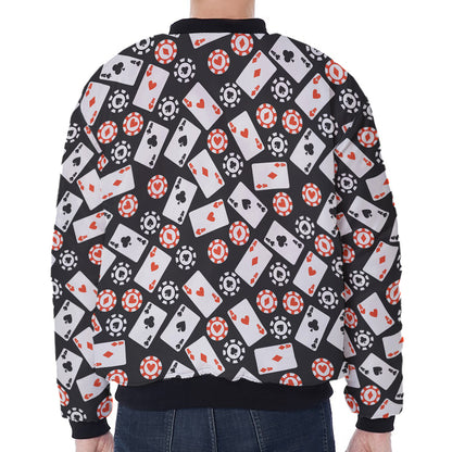 Casino Chip And Card Pattern Print Zip Sleeve Bomber Jacket