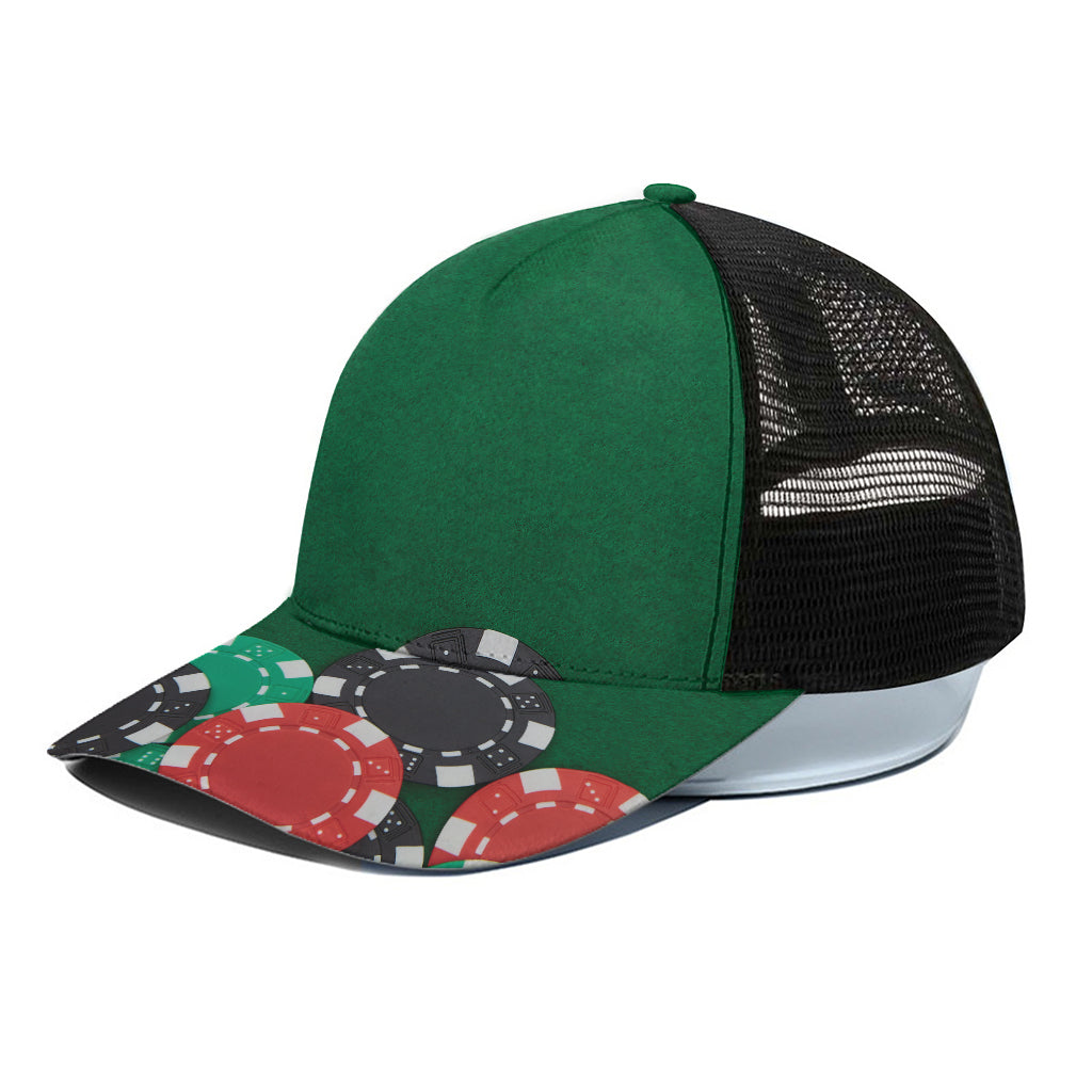 Casino Poker Chips Print Black Mesh Trucker Cap