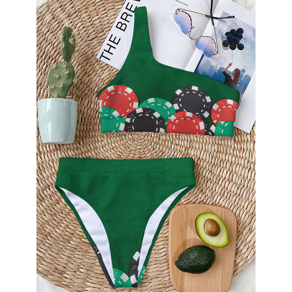 Casino Poker Chips Print One Shoulder Bikini Top