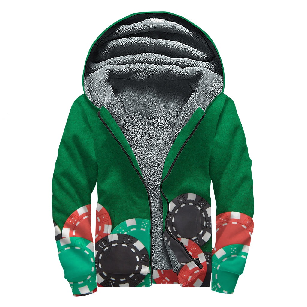 Casino Poker Chips Print Sherpa Lined Zip Up Hoodie