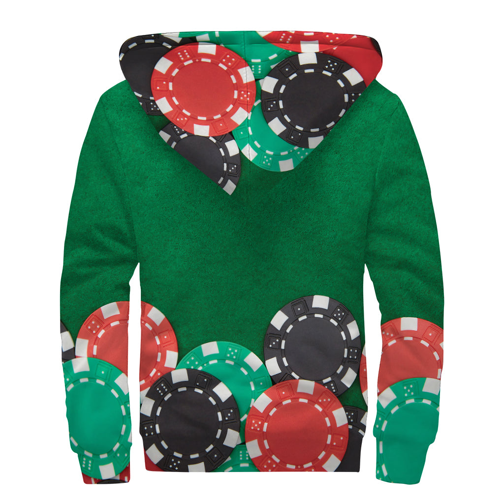 Casino Poker Chips Print Sherpa Lined Zip Up Hoodie