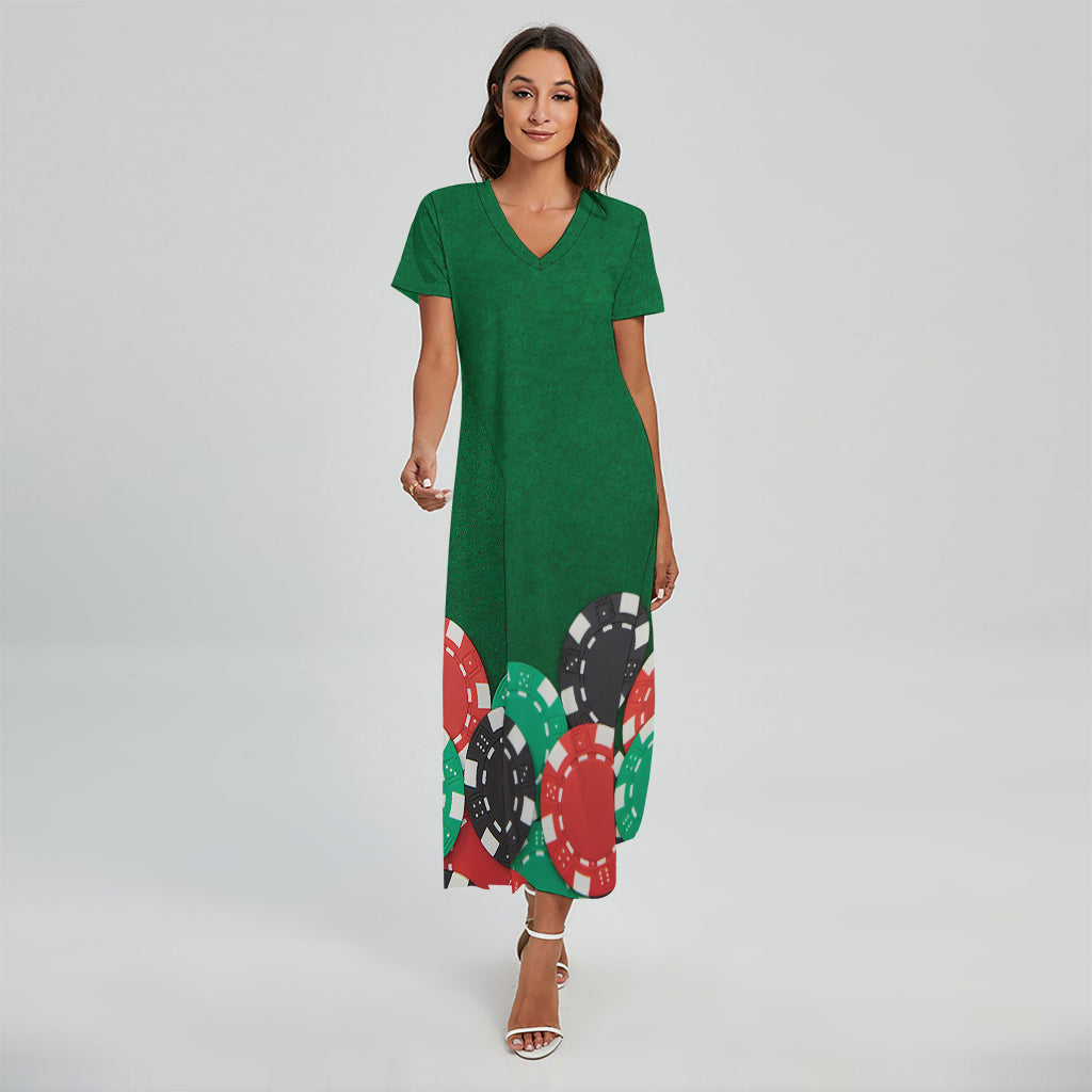 Casino Poker Chips Print Short Sleeve Maxi Dress
