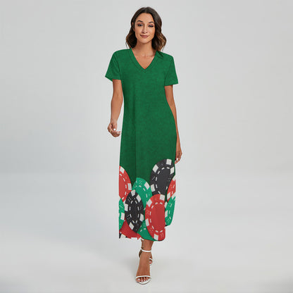 Casino Poker Chips Print Short Sleeve Maxi Dress