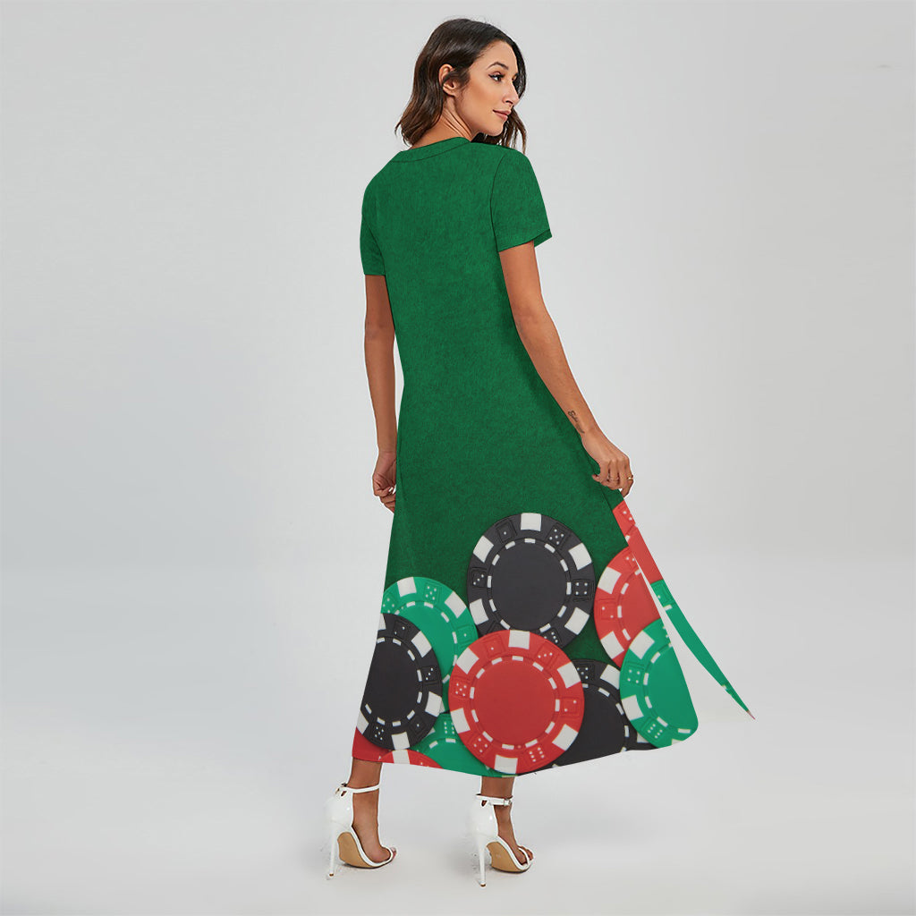 Casino Poker Chips Print Short Sleeve Maxi Dress