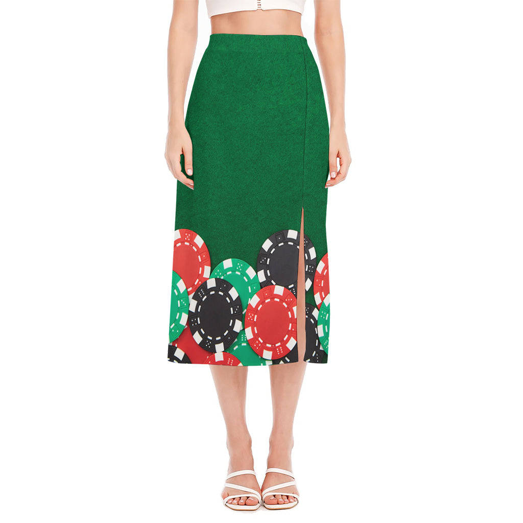 Casino Poker Chips Print Side Slit Midi Skirt