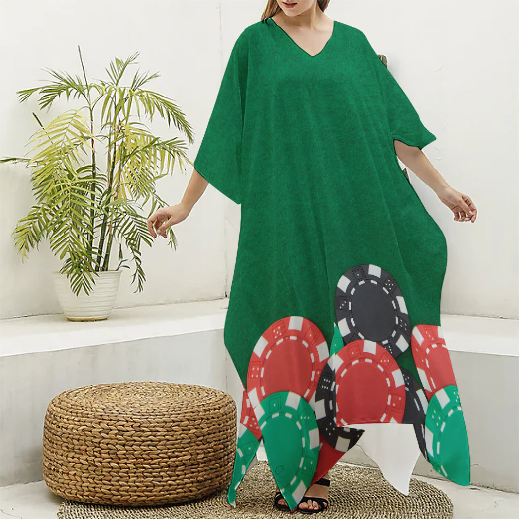 Casino Poker Chips Print Silk V-Neck Kaftan Dress