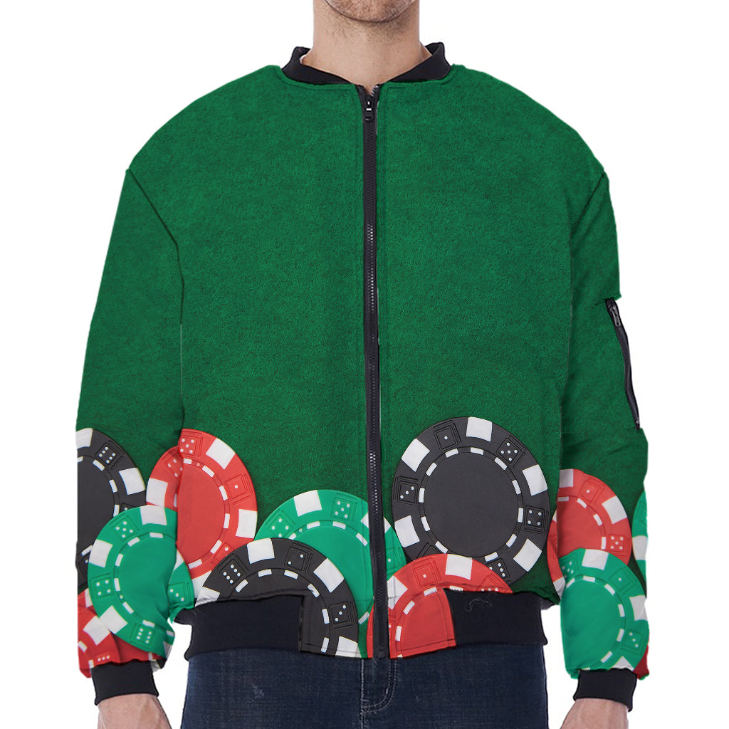 Casino Poker Chips Print Zip Sleeve Bomber Jacket