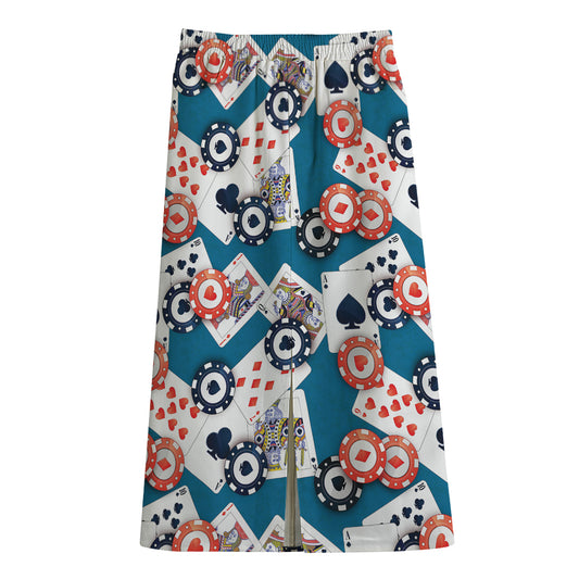 Casino Poker Pattern Print Cotton Front Slit Maxi Skirt