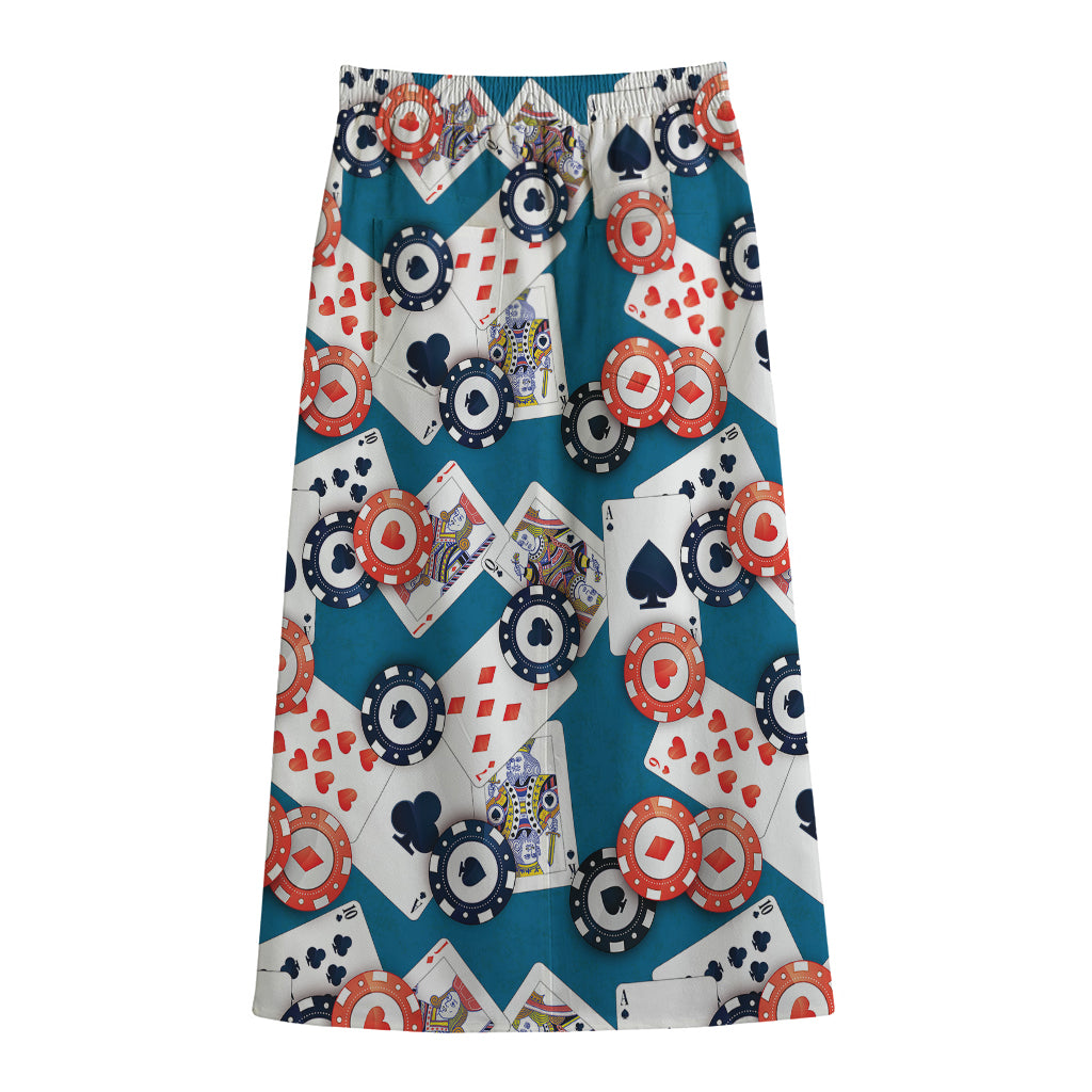 Casino Poker Pattern Print Cotton Front Slit Maxi Skirt