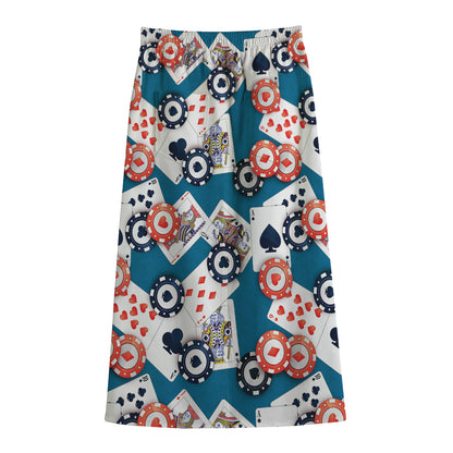 Casino Poker Pattern Print Cotton Front Slit Maxi Skirt