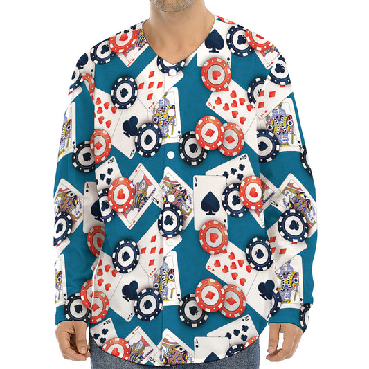 Casino Poker Pattern Print Long Sleeve Baseball Jersey
