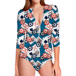 Casino Poker Pattern Print Long Sleeve Swimsuit