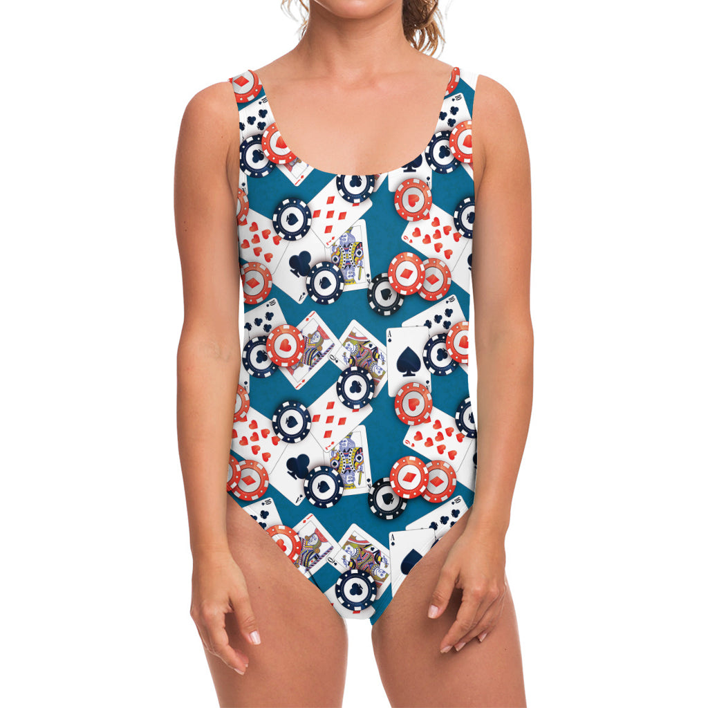 Casino Poker Pattern Print One Piece Swimsuit