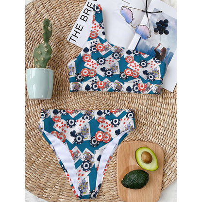 Casino Poker Pattern Print One Shoulder Bikini Top