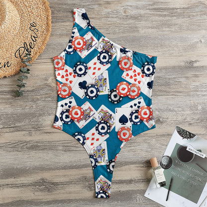 Casino Poker Pattern Print One Shoulder Bodysuit