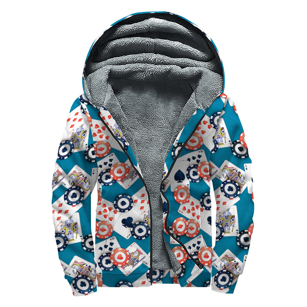 Casino Poker Pattern Print Sherpa Lined Zip Up Hoodie