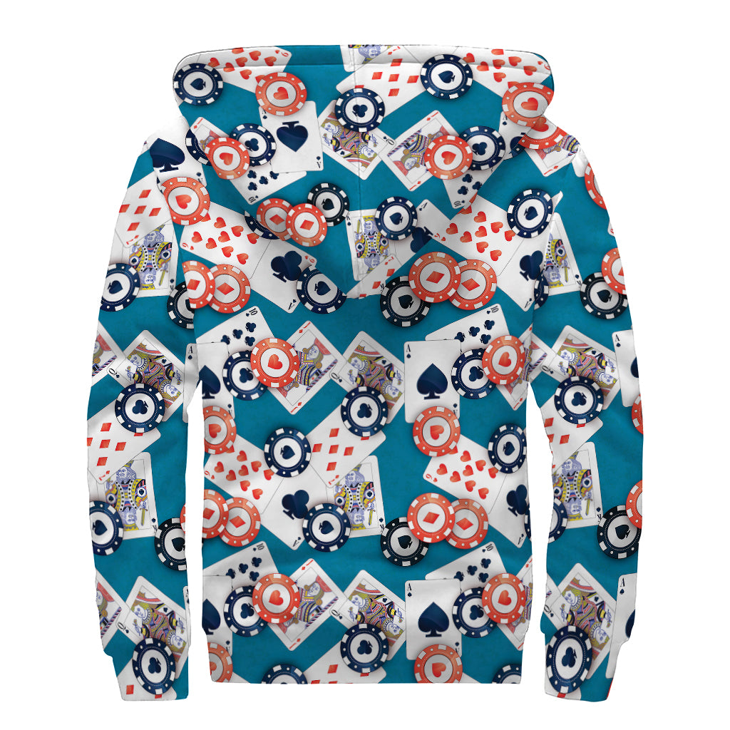 Casino Poker Pattern Print Sherpa Lined Zip Up Hoodie