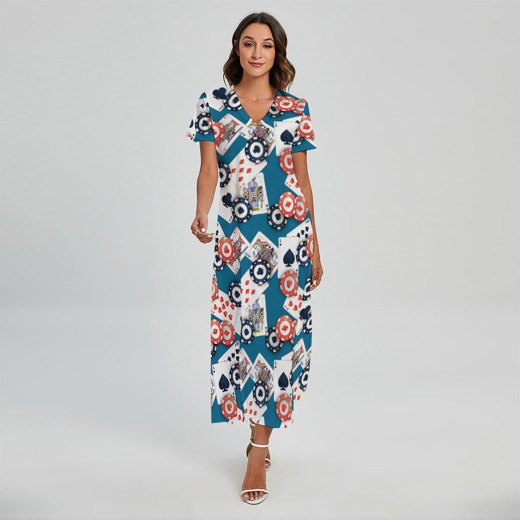 Casino Poker Pattern Print Short Sleeve Maxi Dress