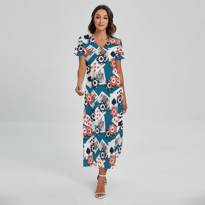 Casino Poker Pattern Print Short Sleeve Maxi Dress