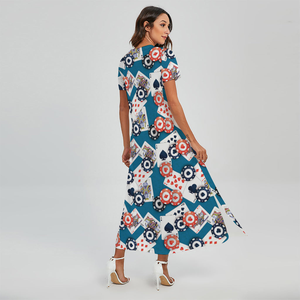 Casino Poker Pattern Print Short Sleeve Maxi Dress