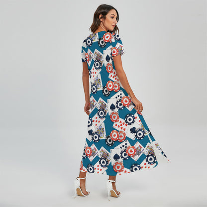 Casino Poker Pattern Print Short Sleeve Maxi Dress
