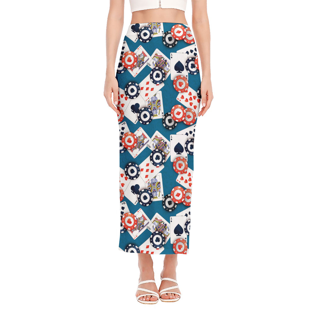 Casino Poker Pattern Print Side Slit Maxi Skirt