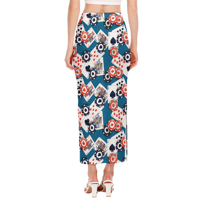 Casino Poker Pattern Print Side Slit Maxi Skirt