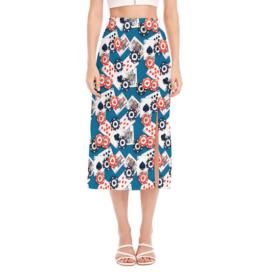 Casino Poker Pattern Print Side Slit Midi Skirt