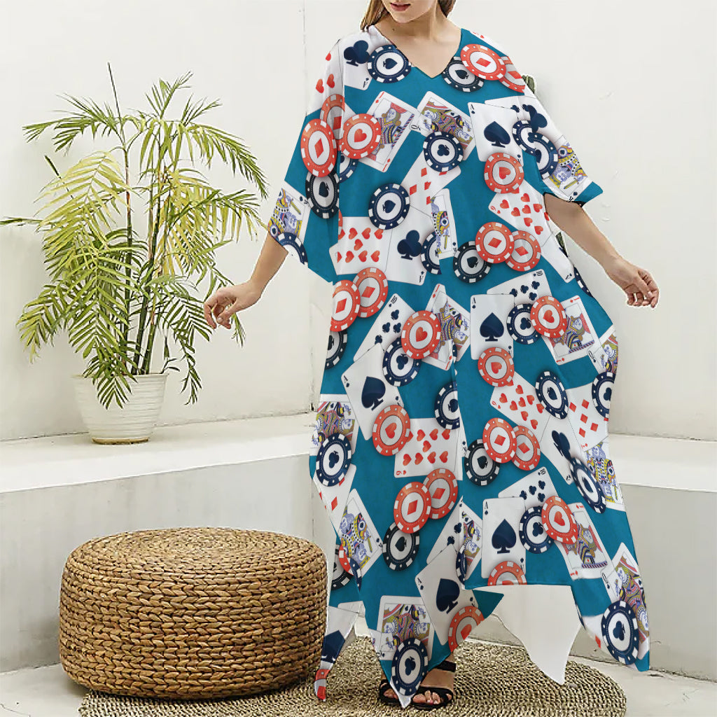 Casino Poker Pattern Print Silk V-Neck Kaftan Dress
