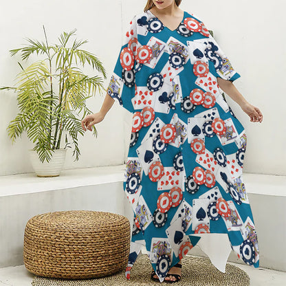 Casino Poker Pattern Print Silk V-Neck Kaftan Dress