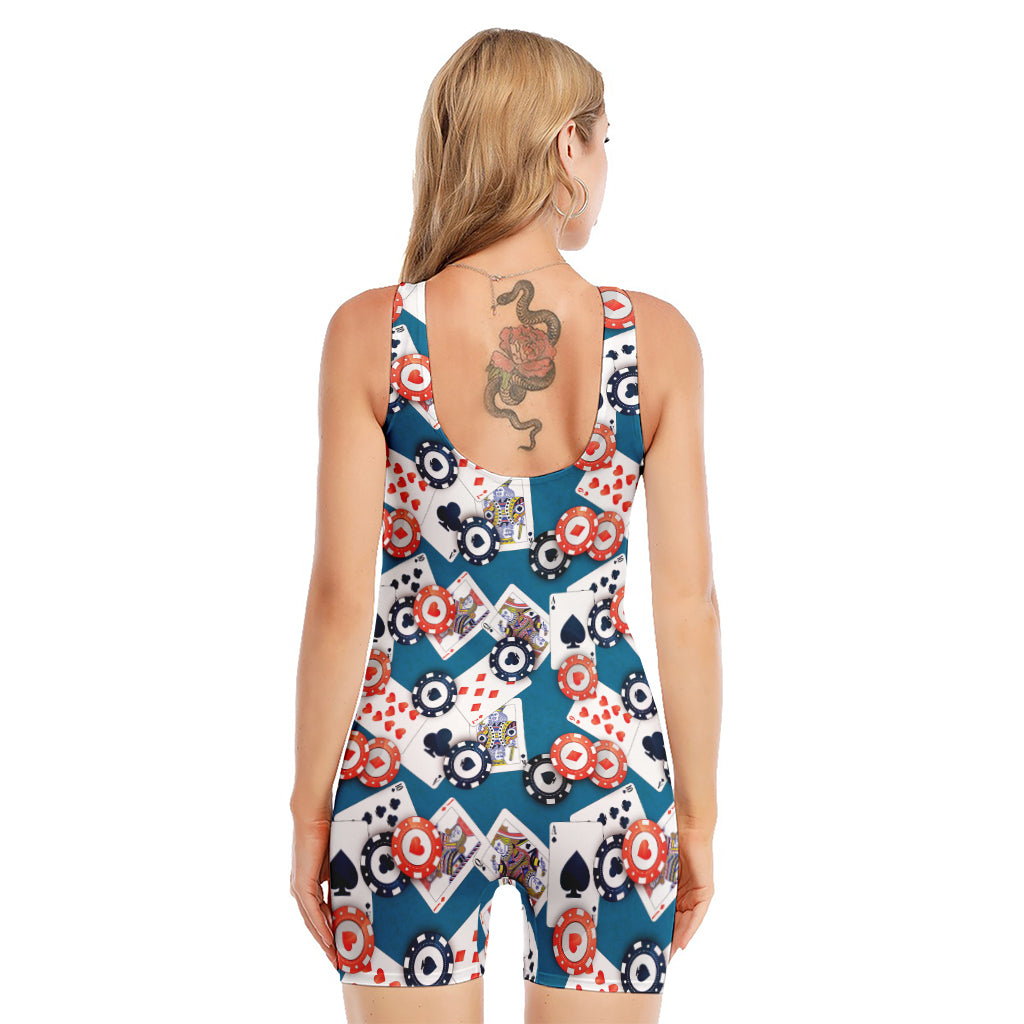 Casino Poker Pattern Print Sleeveless One Piece Swimsuit