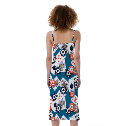 Casino Poker Pattern Print Slim Fit Midi Cami Dress