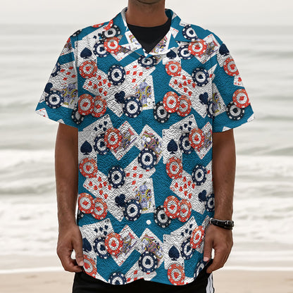 Casino Poker Pattern Print Textured Short Sleeve Shirt