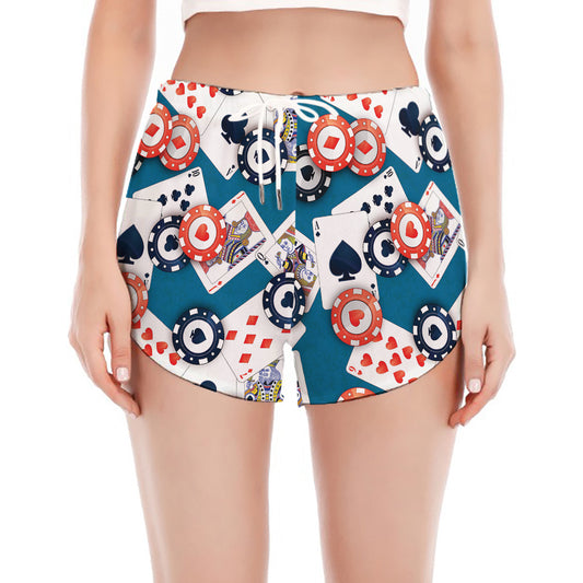 Casino Poker Pattern Print Women's Split Running Shorts