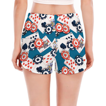 Casino Poker Pattern Print Women's Split Running Shorts