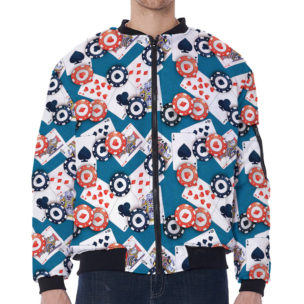 Casino Poker Pattern Print Zip Sleeve Bomber Jacket