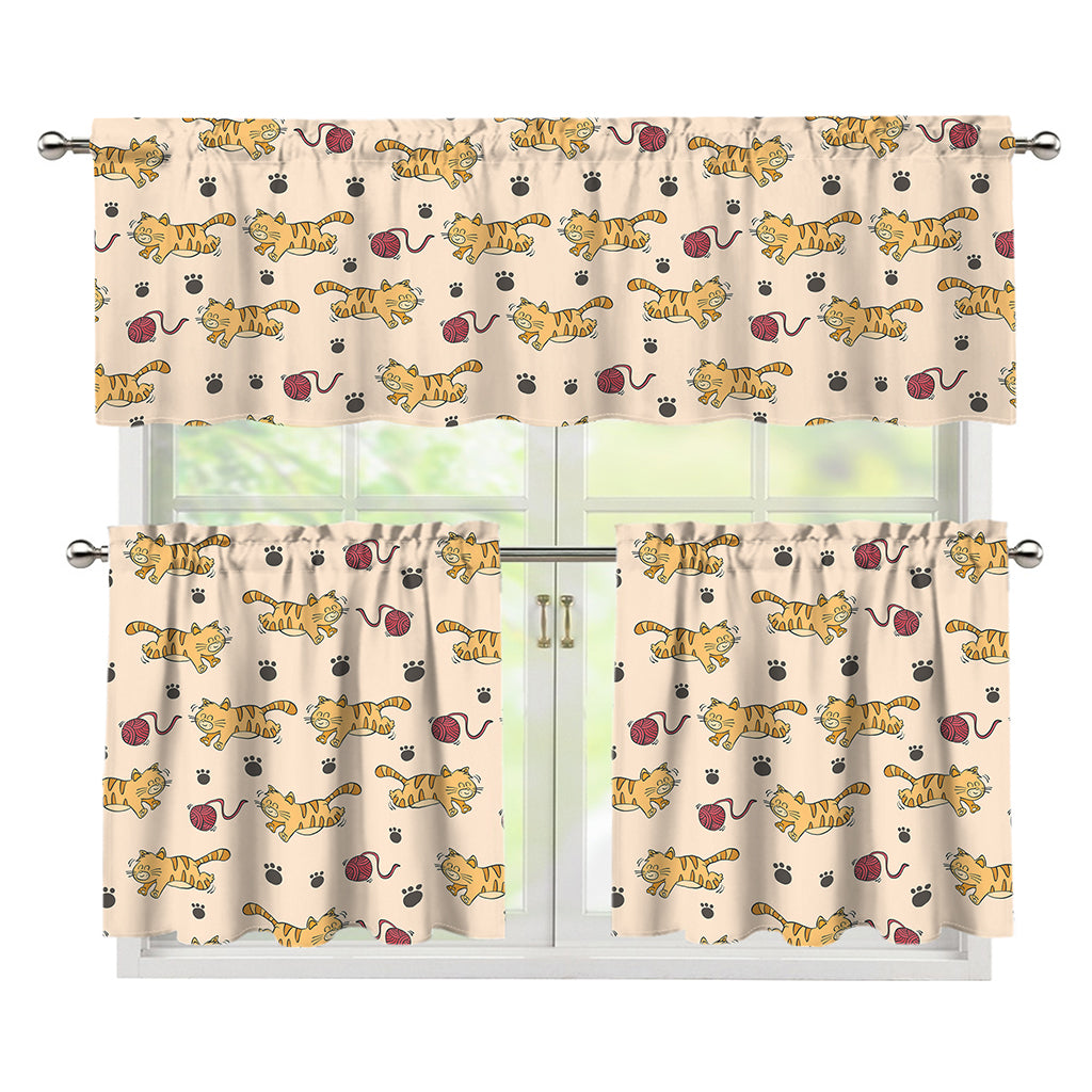 Cat And Yarn Ball Pattern Print 3 Piece Kitchen Curtains
