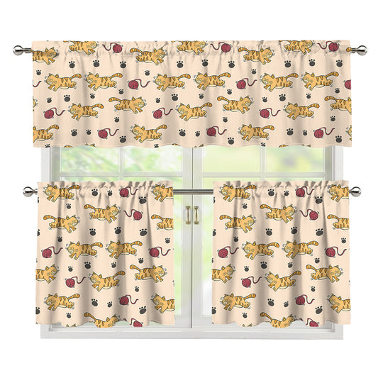 Cat And Yarn Ball Pattern Print 3 Piece Kitchen Curtains