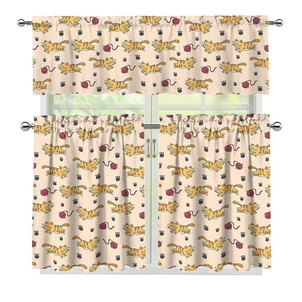Cat And Yarn Ball Pattern Print 3 Piece Kitchen Curtains