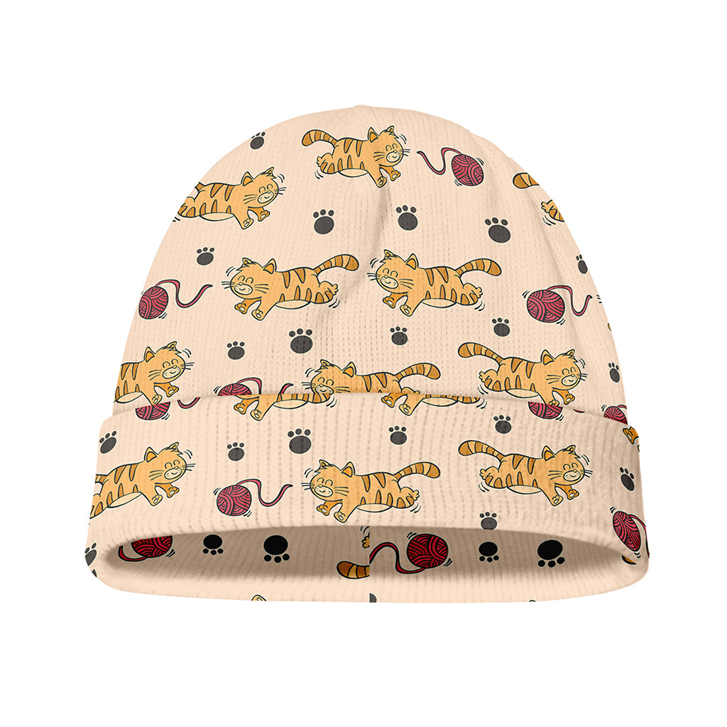 Cat And Yarn Ball Pattern Print Beanie